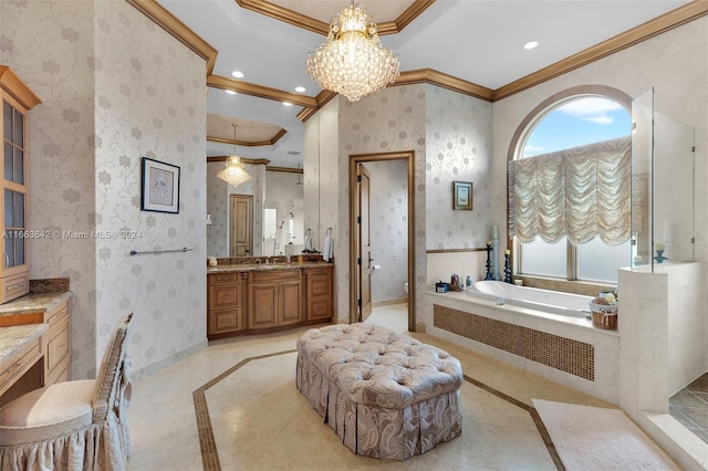 bathroom featuring a chandelier, tile patterned floors, crown molding, vanity, and a bathing tub