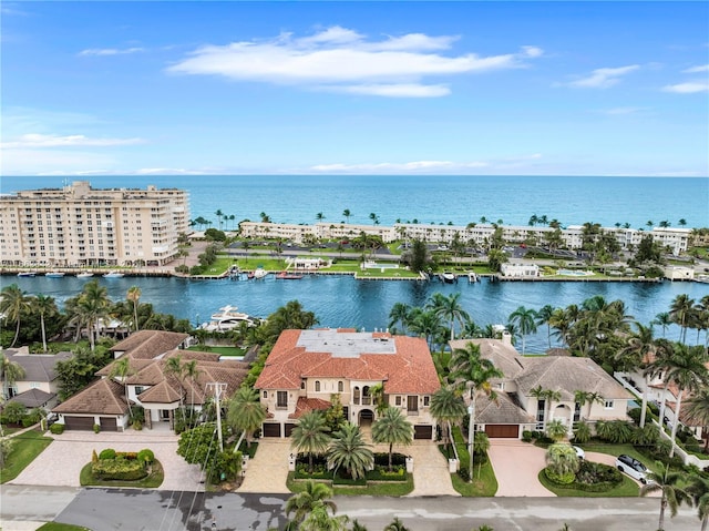 aerial view featuring a water view