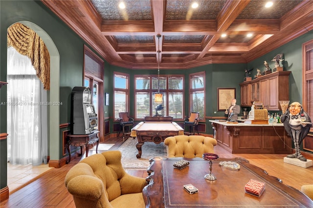 interior space featuring beam ceiling, coffered ceiling, light hardwood / wood-style flooring, and billiards