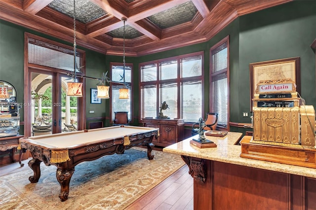 playroom with a wealth of natural light, pool table, coffered ceiling, and dark hardwood / wood-style flooring