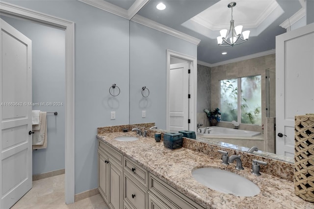 bathroom featuring plus walk in shower, ornamental molding, a notable chandelier, and vanity