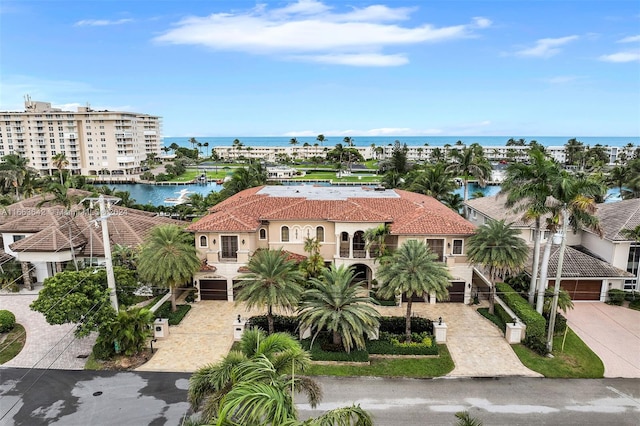 bird's eye view with a water view