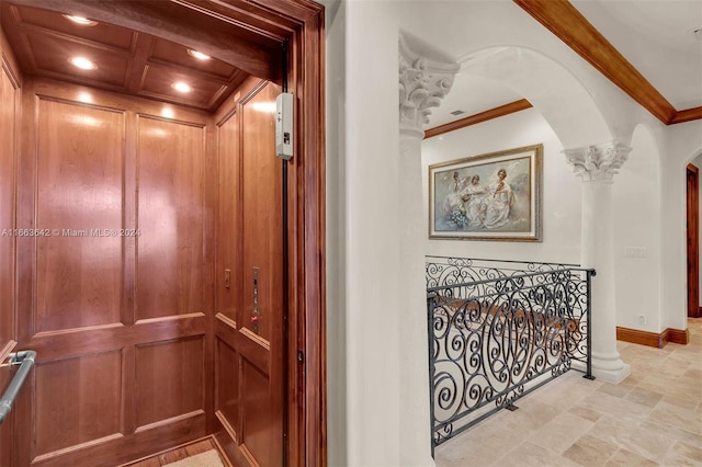 details with beam ceiling, ornamental molding, and elevator