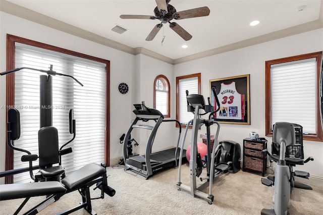 exercise room featuring ornamental molding, light carpet, and ceiling fan