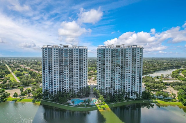 drone / aerial view featuring a water view