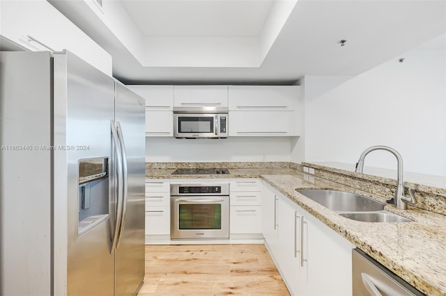 kitchen with light stone counters, light hardwood / wood-style floors, sink, white cabinetry, and stainless steel appliances