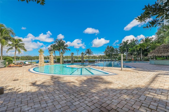 view of swimming pool with a patio