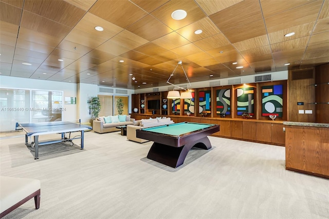 game room with billiards and carpet