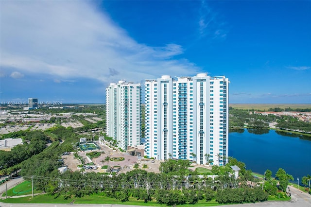 bird's eye view with a water view