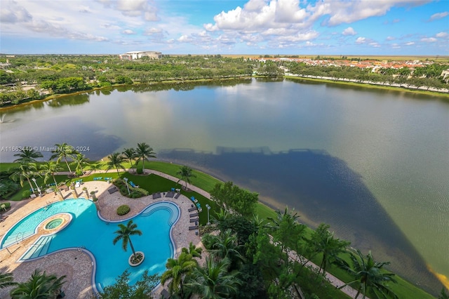 drone / aerial view with a water view