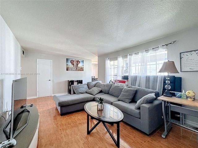 living room with a textured ceiling and hardwood / wood-style flooring