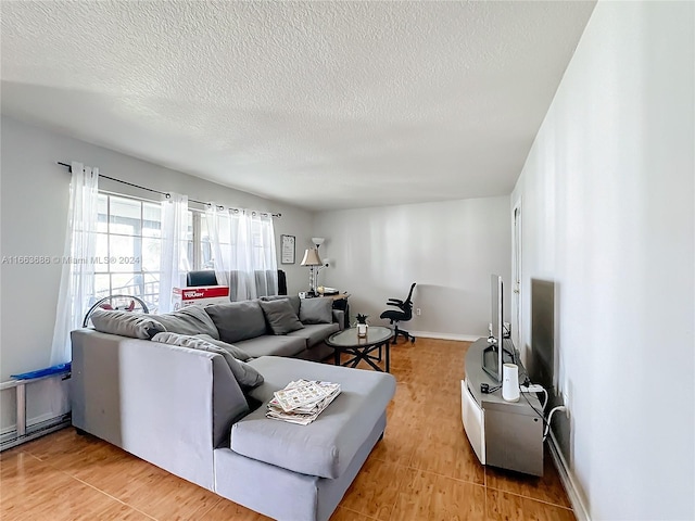 living room with a textured ceiling and light hardwood / wood-style flooring