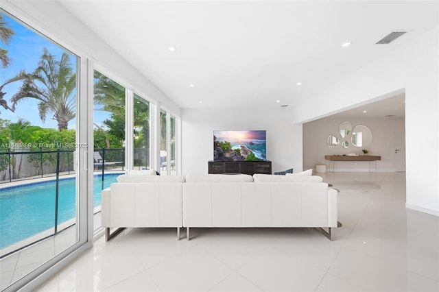 living room featuring light tile patterned floors