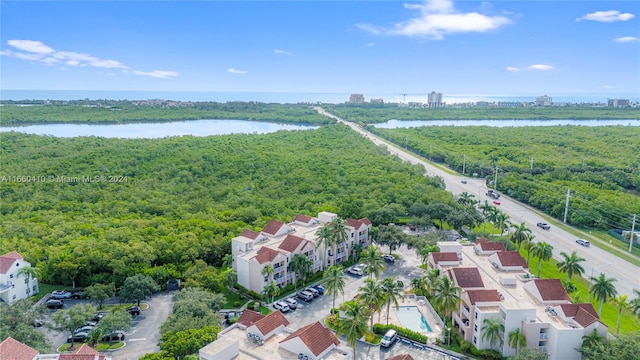 drone / aerial view with a water view