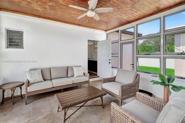 540 NE 142nd St, North Miami, FL 33161 - living room featuring wooden ceiling, a ceiling fan, and baseboards
