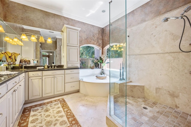 bathroom with tile patterned floors, vanity, ornamental molding, and plus walk in shower