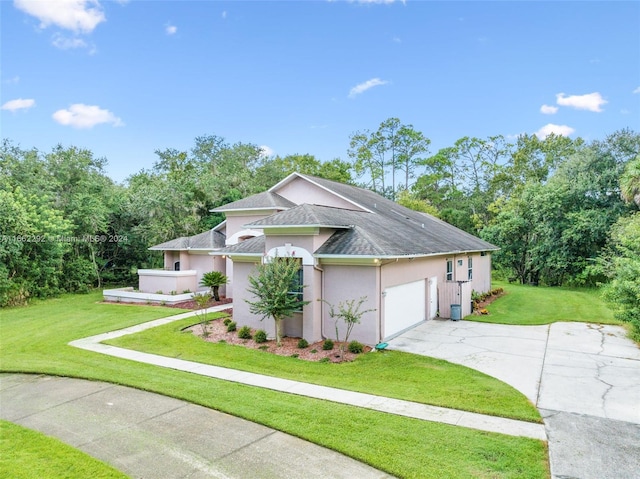 view of property exterior featuring a garage and a lawn