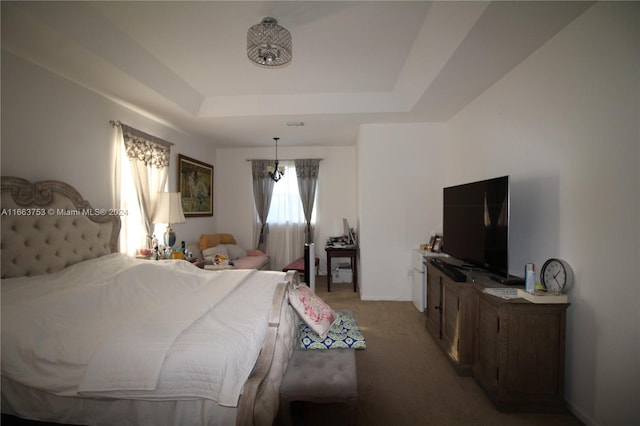 carpeted bedroom featuring a tray ceiling