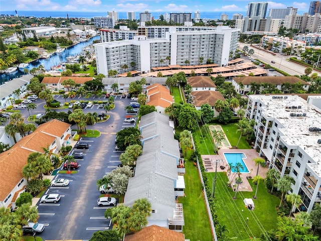 aerial view featuring a water view