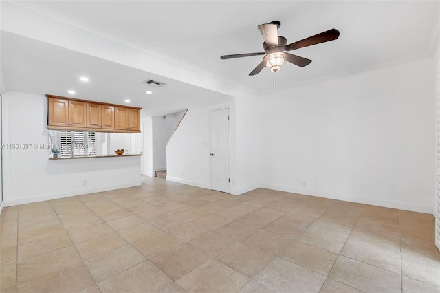 unfurnished living room with light tile patterned floors, ornamental molding, and ceiling fan