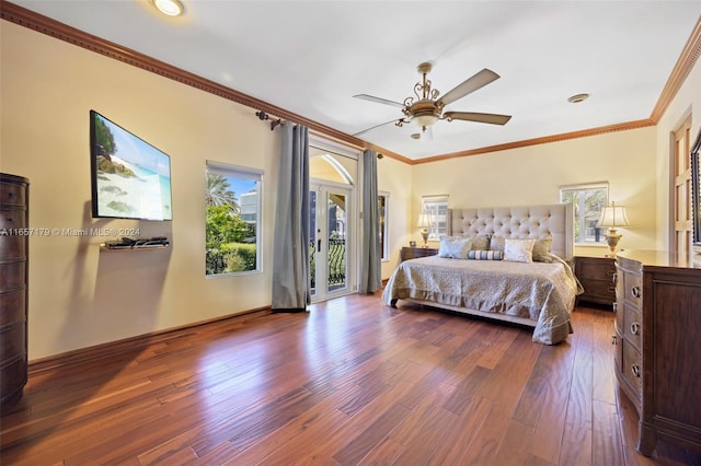 bedroom with ornamental molding, ceiling fan, dark hardwood / wood-style floors, and access to outside