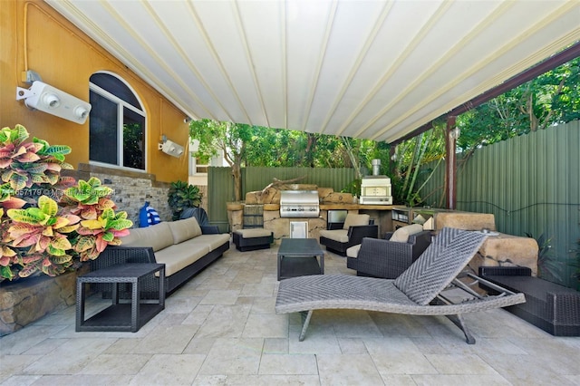 9580 Byron Ave, Surfside, FL 33154 - fenced backyard featuring an outdoor hangout area, area for grilling, and a patio