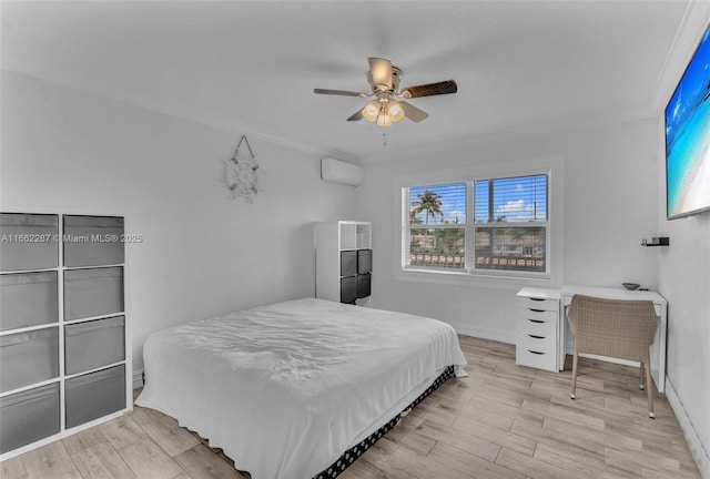 bedroom with ornamental molding, a wall mounted AC, and light wood-style flooring