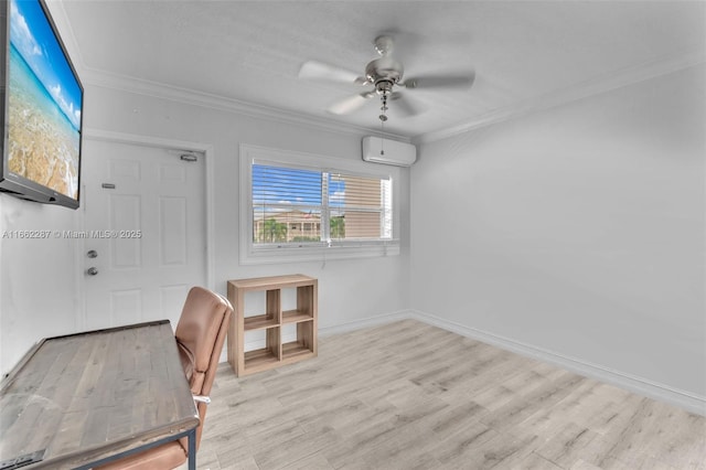 office space featuring crown molding, baseboards, and wood finished floors