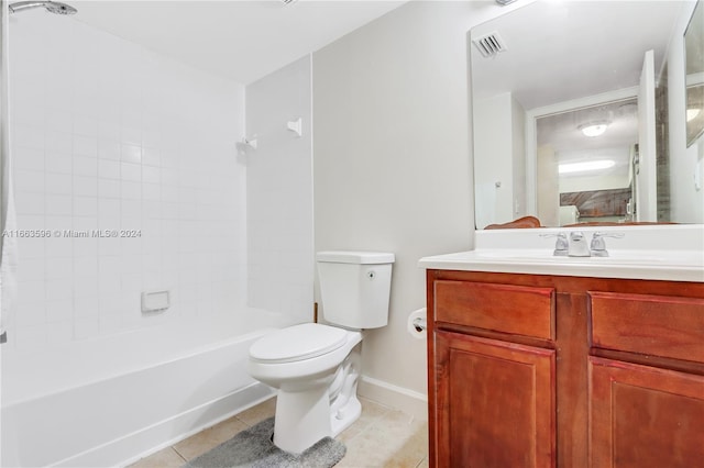 full bathroom with shower / bath combo, tile patterned flooring, vanity, and toilet