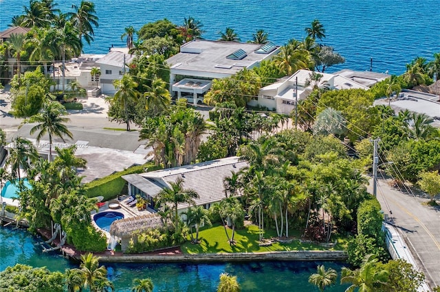 drone / aerial view featuring a water view