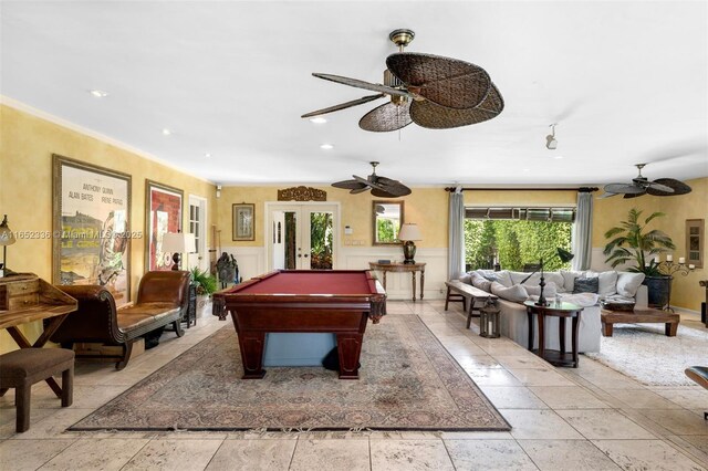 playroom with french doors, billiards, and ceiling fan