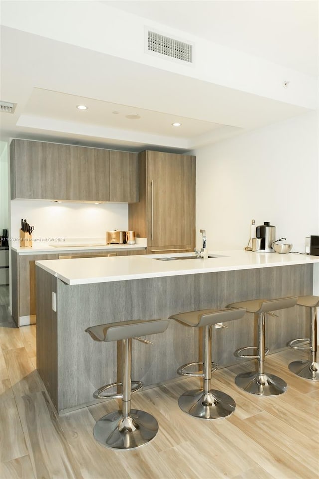 bar featuring light wood-type flooring, a raised ceiling, and sink