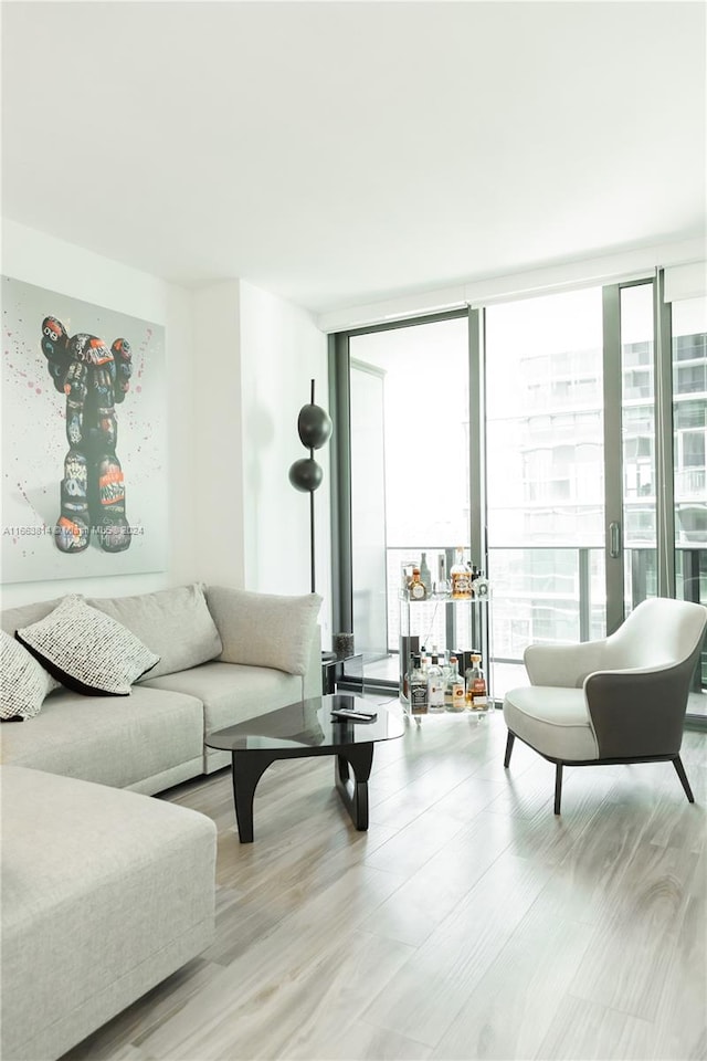 living room featuring light hardwood / wood-style flooring, expansive windows, and a wealth of natural light