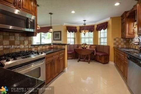 kitchen featuring appliances with stainless steel finishes, a healthy amount of sunlight, crown molding, and tasteful backsplash