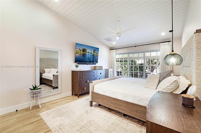 bedroom with ceiling fan, light hardwood / wood-style flooring, high vaulted ceiling, and wooden ceiling