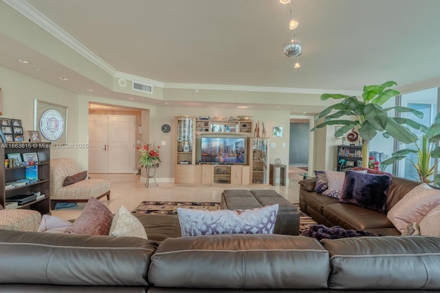 tiled living room with crown molding