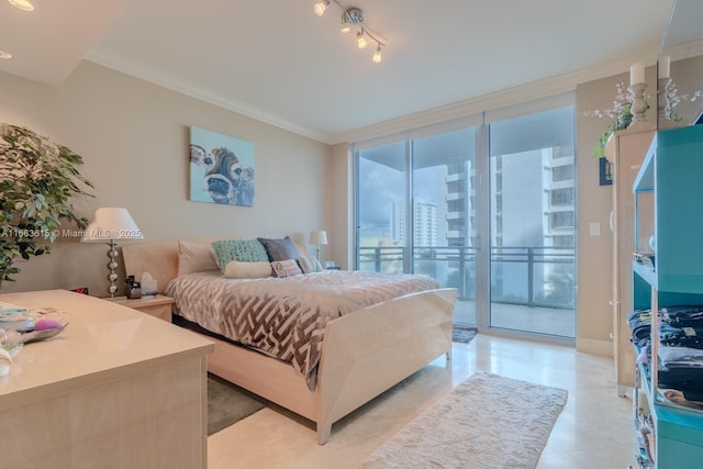 bedroom featuring expansive windows, crown molding, and access to outside