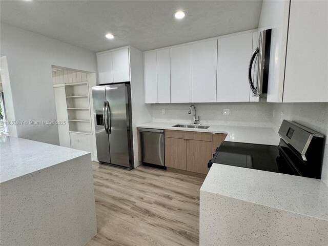 kitchen with appliances with stainless steel finishes, backsplash, sink, light hardwood / wood-style flooring, and white cabinets