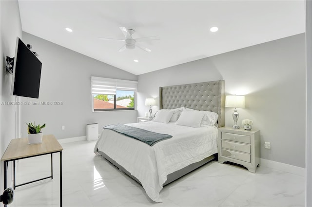 bedroom with vaulted ceiling, marble finish floor, recessed lighting, and baseboards