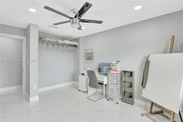 home office with ceiling fan, recessed lighting, visible vents, baseboards, and marble finish floor