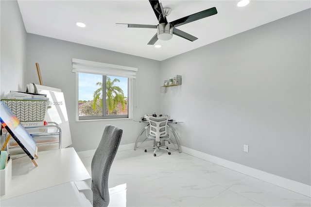 office area with baseboards, marble finish floor, a ceiling fan, and recessed lighting