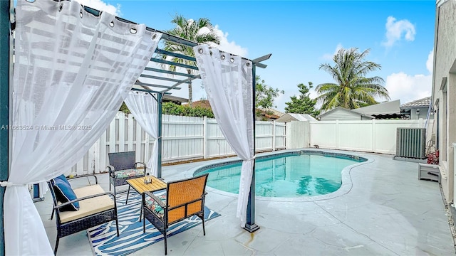 view of swimming pool featuring cooling unit, a pergola, and a patio