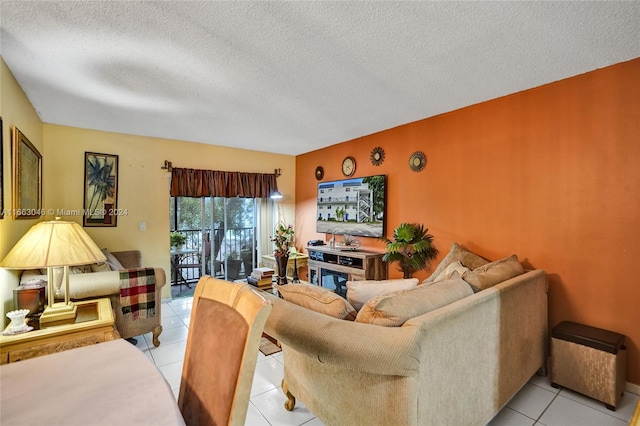 tiled living room with a textured ceiling