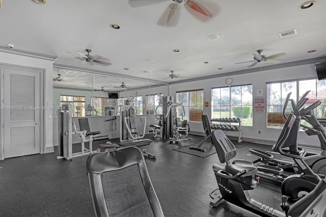 gym with crown molding and ceiling fan