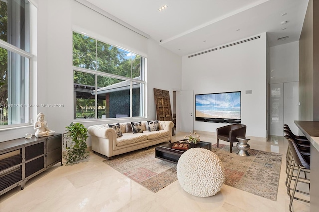 living room with a towering ceiling