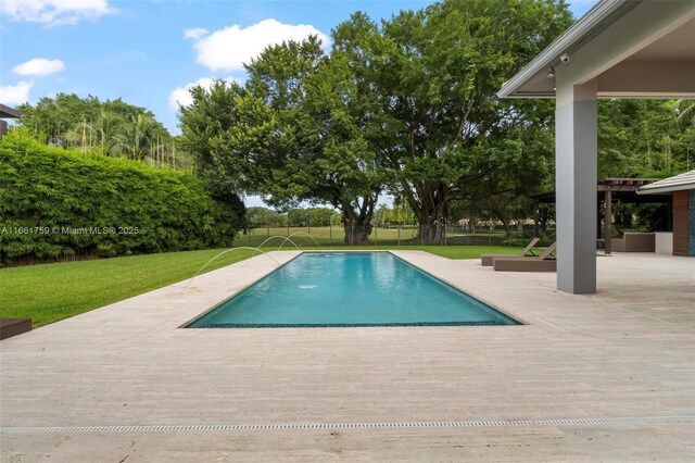 view of swimming pool with a lawn, a patio, and pool water feature