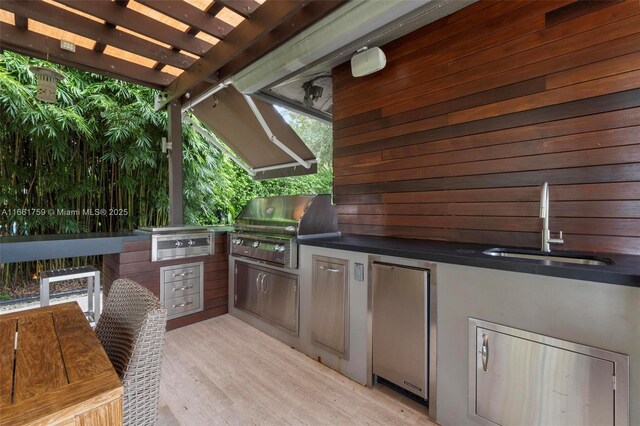 yard at dusk with outdoor lounge area, ceiling fan, and a swimming pool side deck