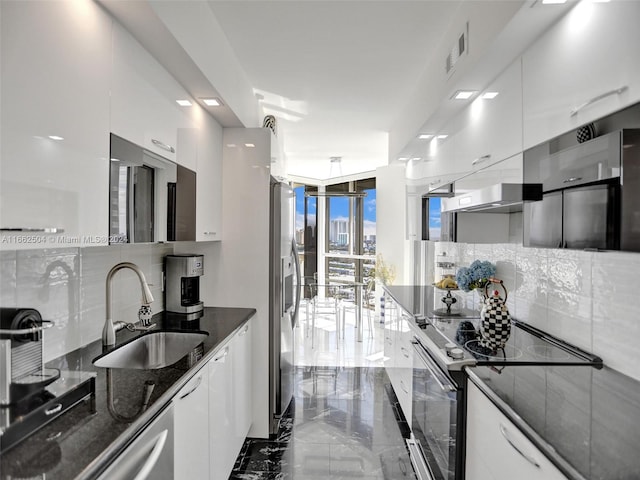 kitchen with appliances with stainless steel finishes, white cabinetry, sink, and tasteful backsplash