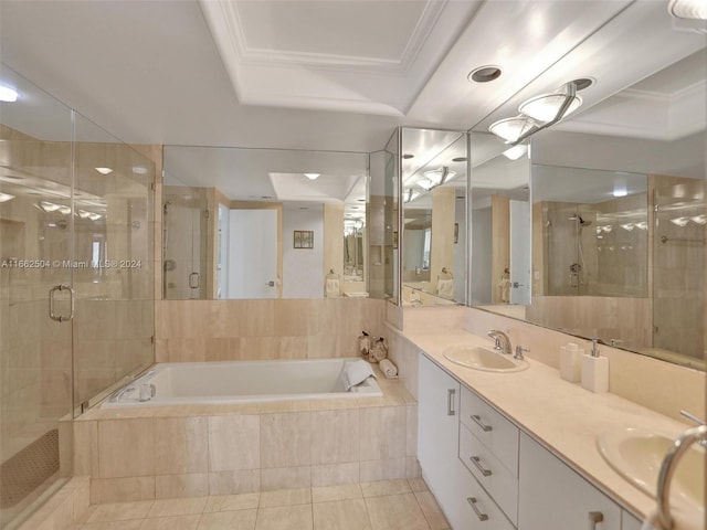 bathroom with ornamental molding, tile patterned flooring, vanity, and plus walk in shower