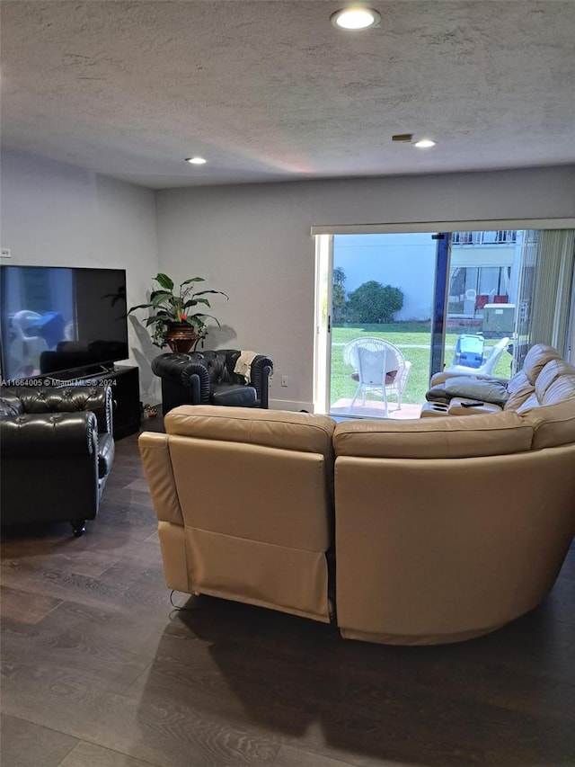 living room with a textured ceiling and hardwood / wood-style floors